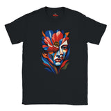 Black T-shirt featuring a colourful abstract floral face portrait with layered blue, red, coral and yellow geometric shapes, flowers and botanical leaves.