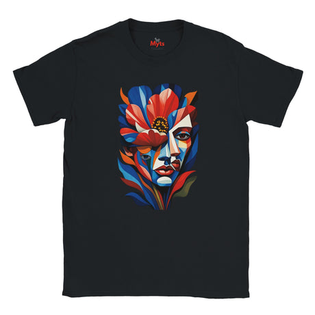 Black T-shirt featuring a colourful abstract floral face portrait with layered blue, red, coral and yellow geometric shapes, flowers and botanical leaves.