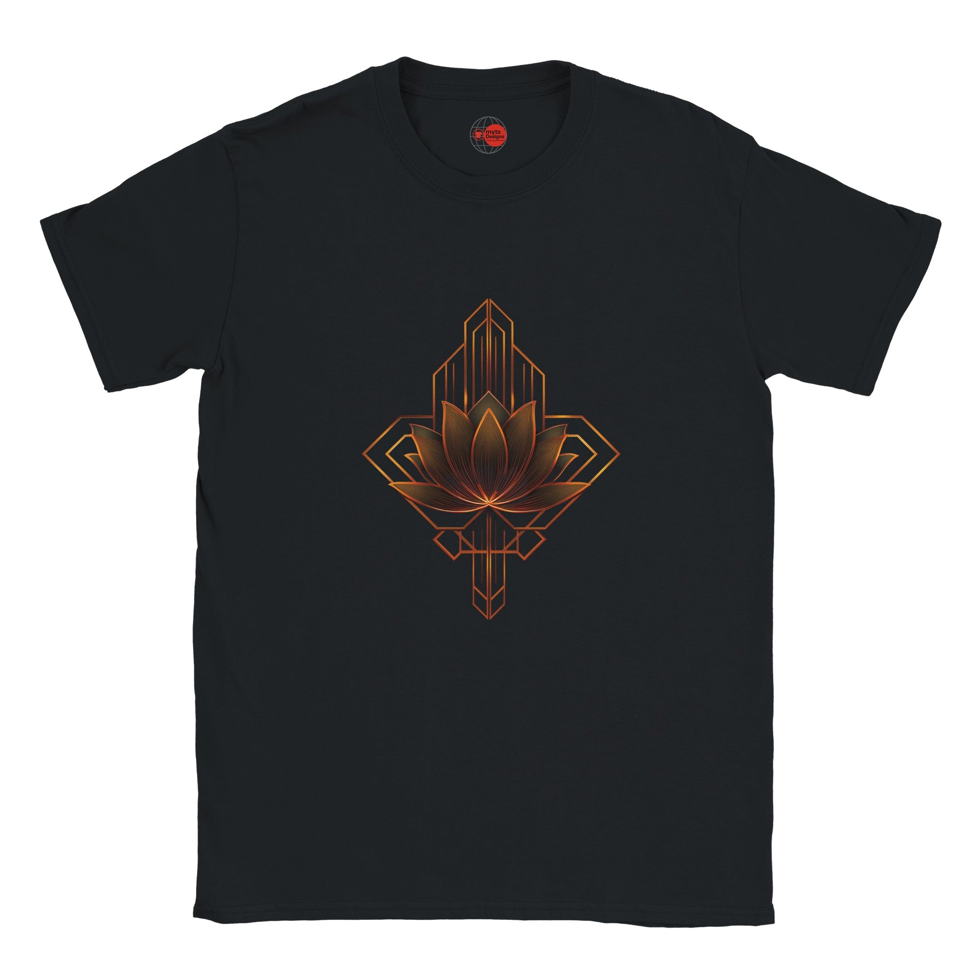 Black t-shirt with a geometric lotus design on a white background
