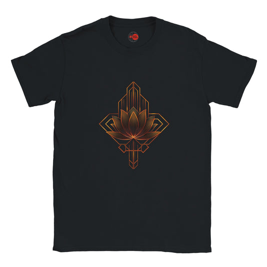 Black t-shirt with a geometric lotus design on a white background