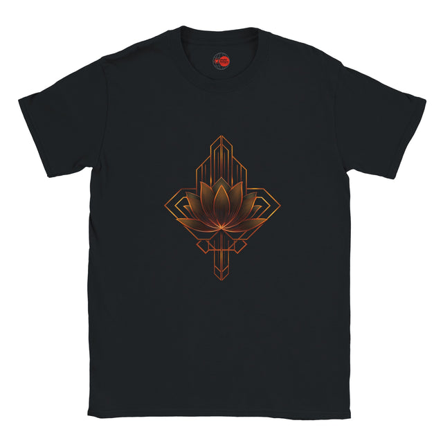 Black t-shirt with a geometric lotus design on a white background