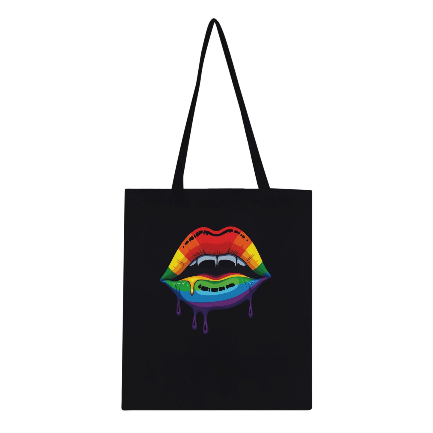 Black tote bag with a colorful lips design on a white background
