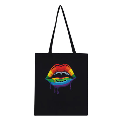 Black tote bag with a colorful lips design on a white background