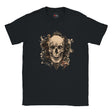 Black t-shirt with a skull design on a white background