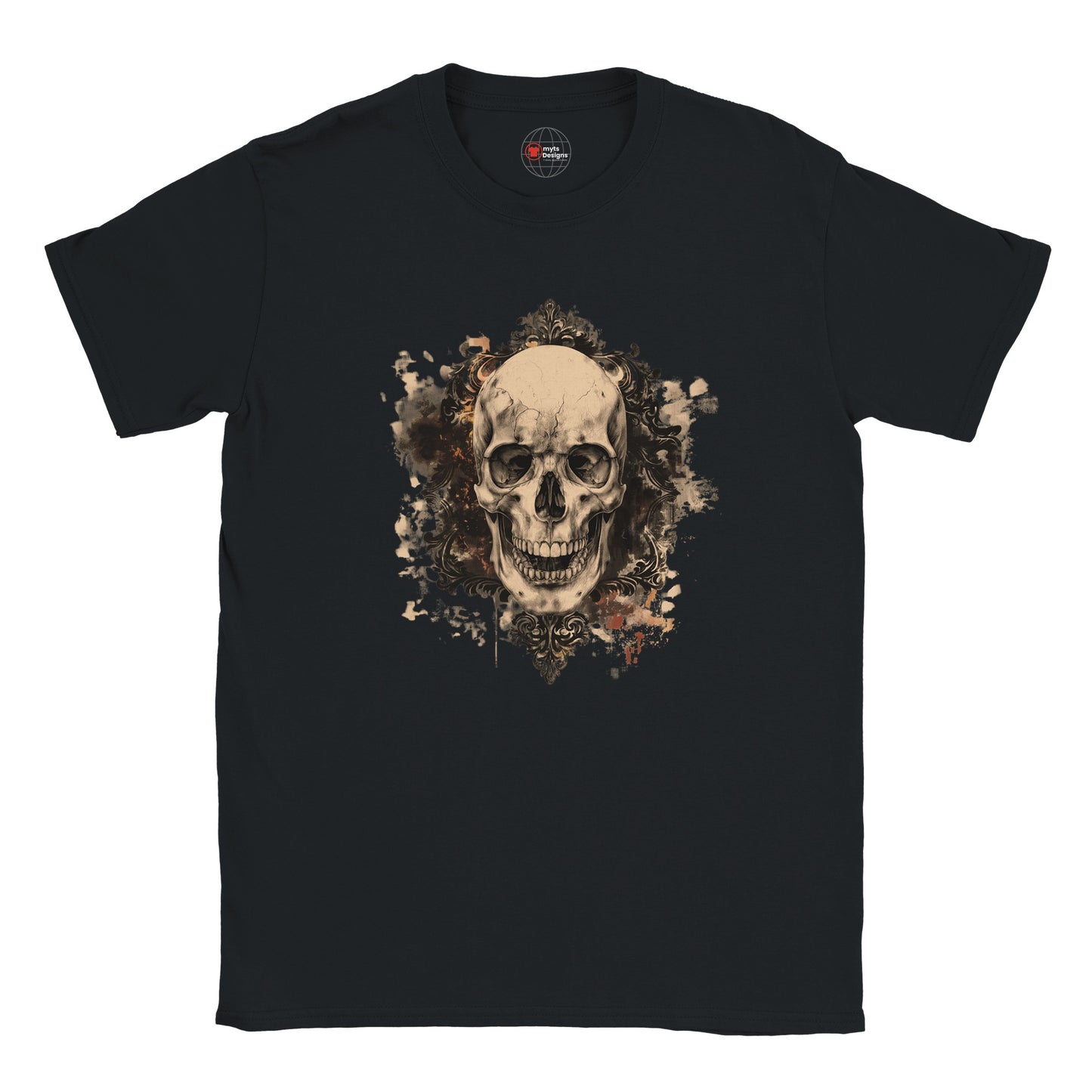 Black t-shirt with a skull design on a white background