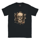Black t-shirt with a skull design on a white background