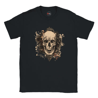 Black t-shirt with a skull design on a white background