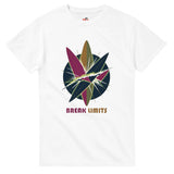 White t-shirt with colorful abstract design and 'Break Limits' text on a white background