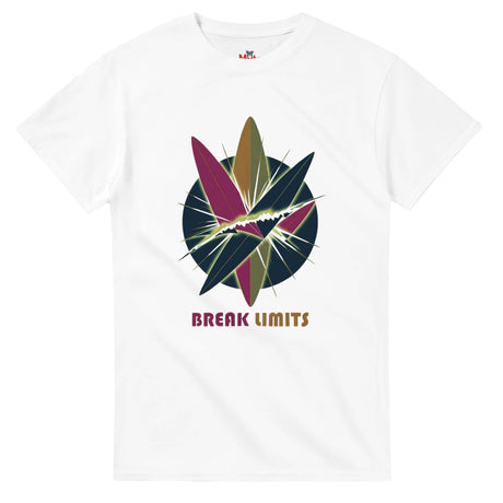 White t-shirt with colorful abstract design and 'Break Limits' text on a white background