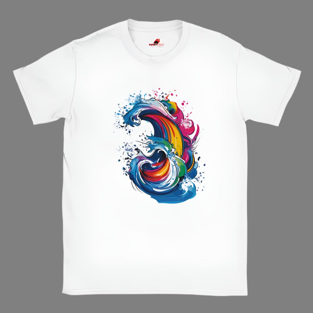 A white crew neck t-shirt with a colorful abstract wave graphic design on the front.