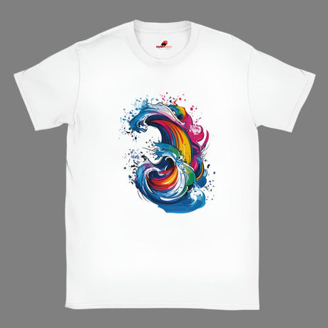 A white crew neck t-shirt with a colorful abstract wave graphic design on the front.