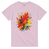 Pink t-shirt with autumn leaf design on a white background