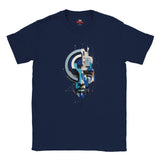 A black short-sleeve crewneck t-shirt with a graphic on the chest 