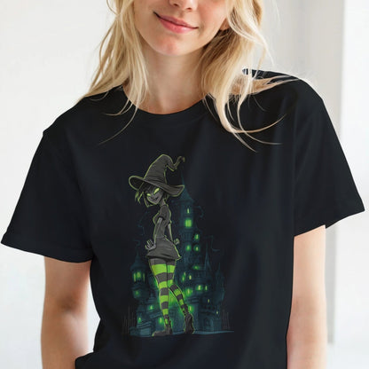 Woman wearing a black t-shirt with a graphic design, standing indoors.