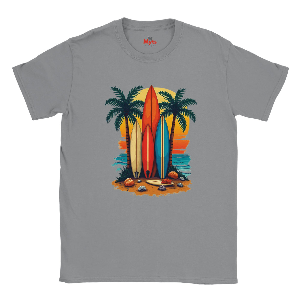 Gray t-shirt with a colorful graphic of surfboards and palm trees on a white background