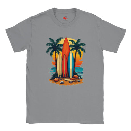 Gray t-shirt with a colorful graphic of surfboards and palm trees on a white background