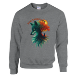 A heather gray crewneck sweatshirt featuring a colorful graphic of a wolf's head merging with a tree and sun, with the text 'NEW EVOLUTION' above it. A Gildan brand tag is visible inside the collar.