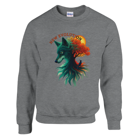 A heather gray crewneck sweatshirt featuring a colorful graphic of a wolf's head merging with a tree and sun, with the text 'NEW EVOLUTION' above it. A Gildan brand tag is visible inside the collar.