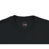 Black t-shirt with a logo on the collar against a white background