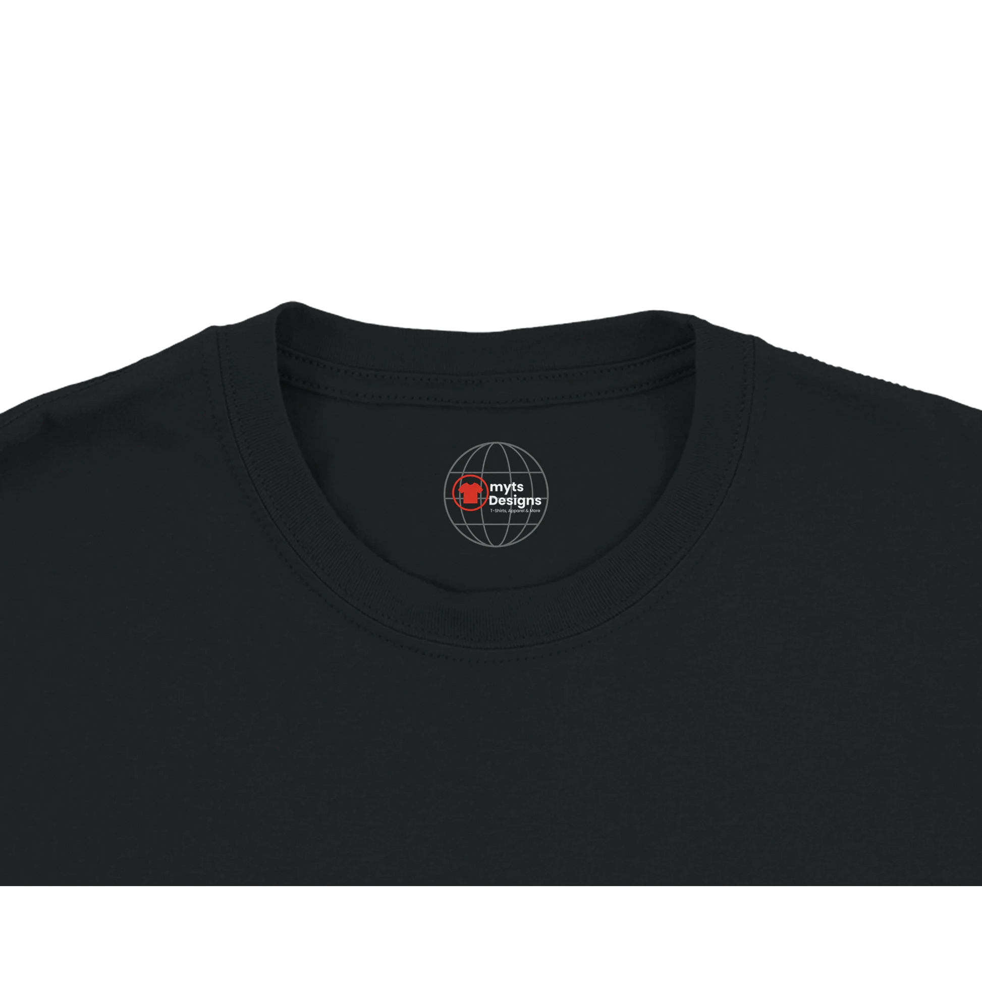 Black t-shirt with a logo on the collar against a white background