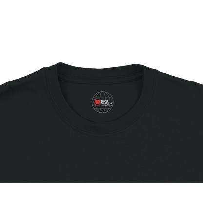 Black t-shirt with a logo on the collar against a white background