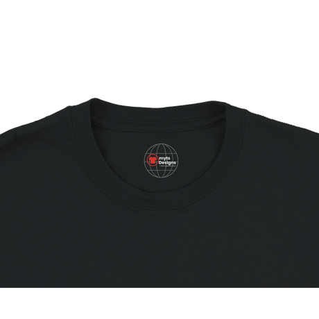 Black t-shirt with a logo on the collar against a white background