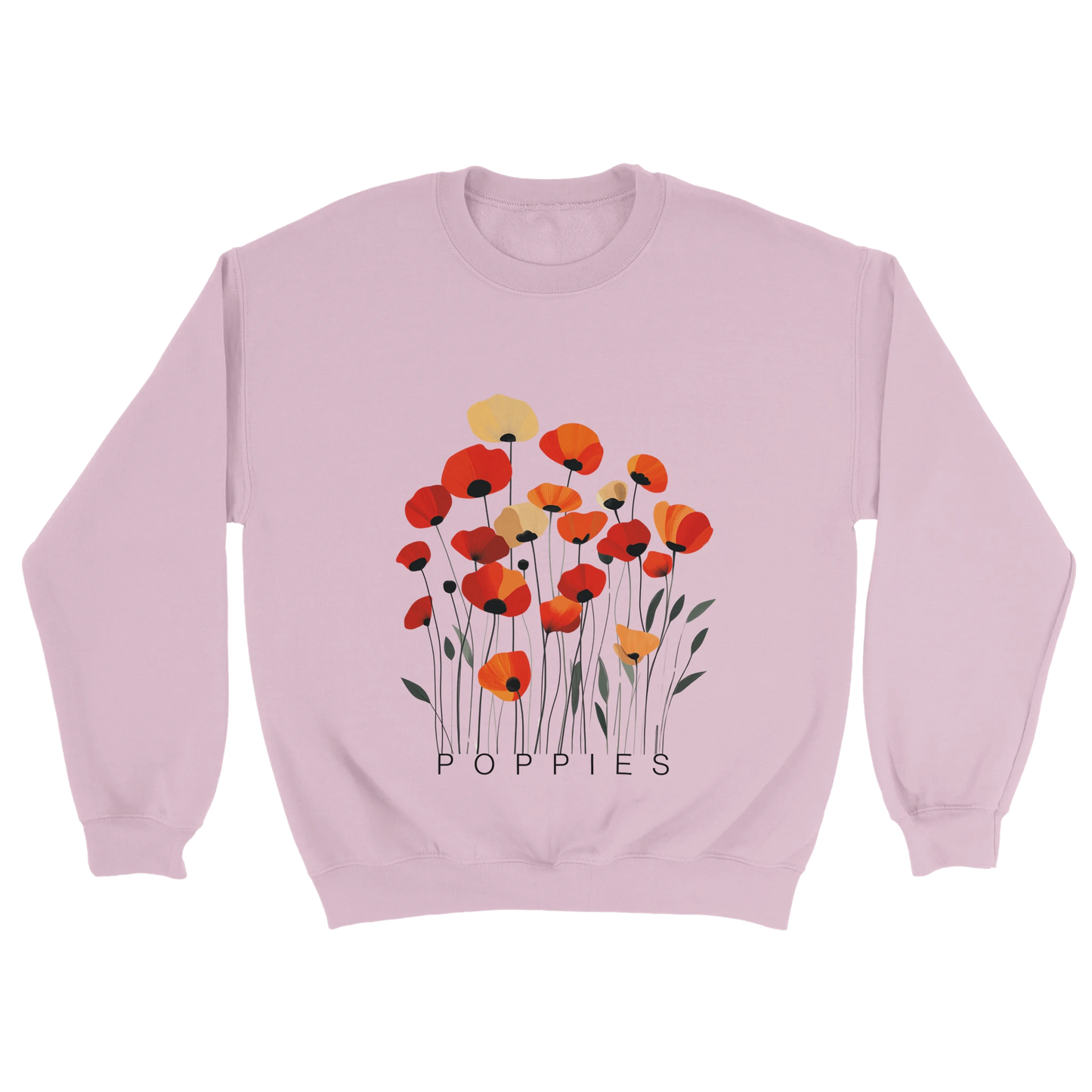 A Pink sweatshirt featuring a minimalist poppy flower design. The graphic displays red, orange, and muted gold poppies with slender stems and leaves, and the word “POPPiES” printed beneath. The cozy, casual outfit has a soft, modern aesthetic ideal for floral and nature-inspired fashion.