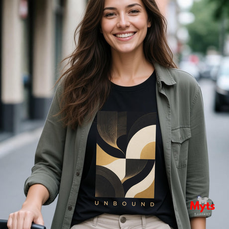 A smiling woman wearing a black graphic T-shirt with an abstract geometric design in beige, gold, and black, layered under an olive green button-up shirt. The word 'UNBOUND' is printed in gold at the bottom of the graphic.