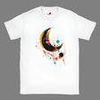 A white crew-neck t-shirt with a geometric space-inspired print featuring vivid colors and abstract designs.