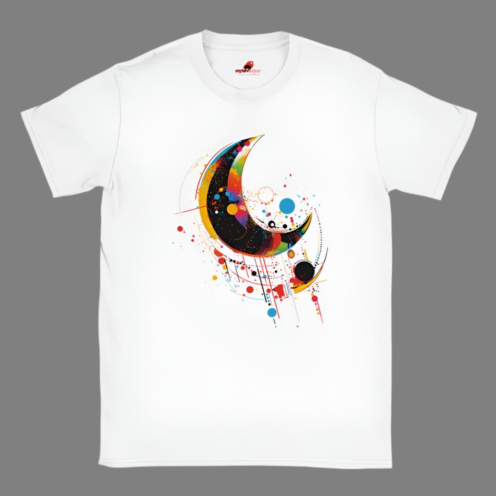 A white crew-neck t-shirt with a geometric space-inspired print featuring vivid colors and abstract designs.