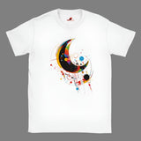 A white crew-neck t-shirt with a geometric space-inspired print featuring vivid colors and abstract designs.