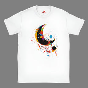 A white crew-neck t-shirt with a geometric space-inspired print featuring vivid colors and abstract designs.