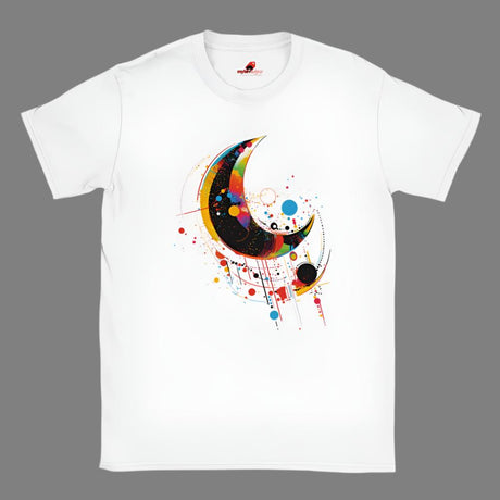 A white crew-neck t-shirt with a geometric space-inspired print featuring vivid colors and abstract designs.