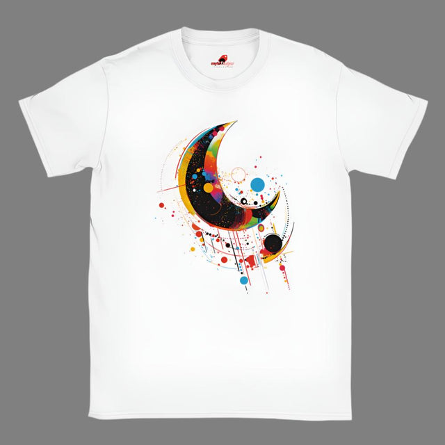 A white crew-neck t-shirt with a geometric space-inspired print featuring vivid colors and abstract designs.