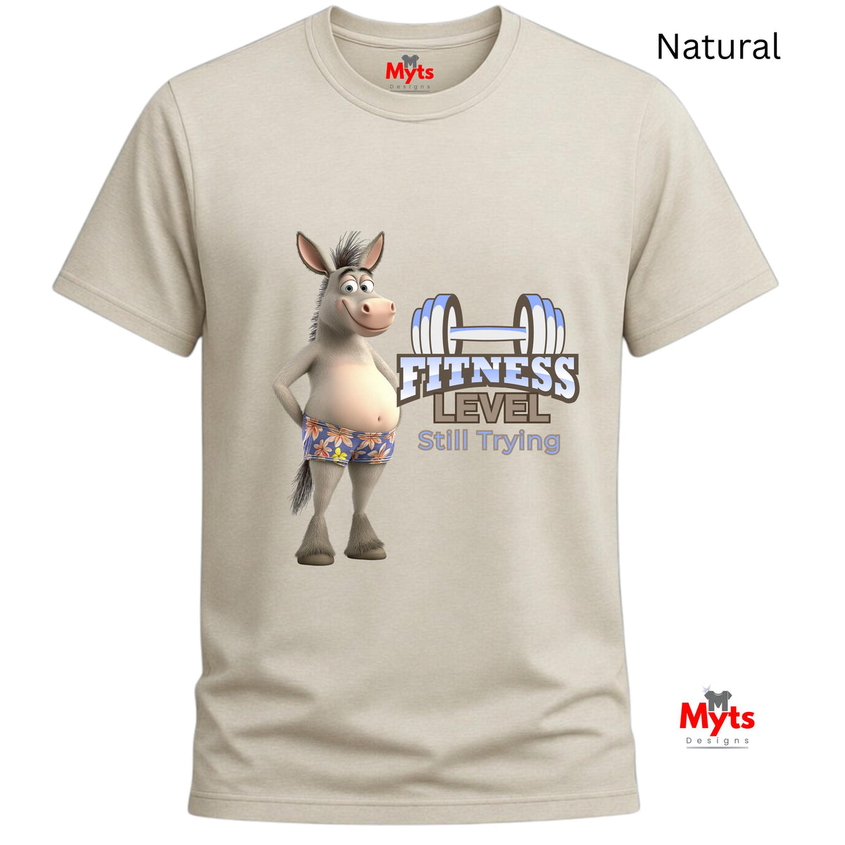 Natural cream graphic T-shirt featuring a humorous cartoon donkey and Fitness Level Still Trying dumbbell design.