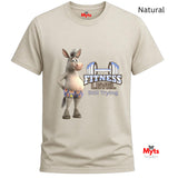Natural cream graphic T-shirt featuring a humorous cartoon donkey and Fitness Level Still Trying dumbbell design.