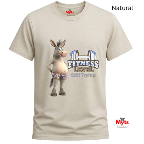 Natural cream graphic T-shirt featuring a humorous cartoon donkey and Fitness Level Still Trying dumbbell design.