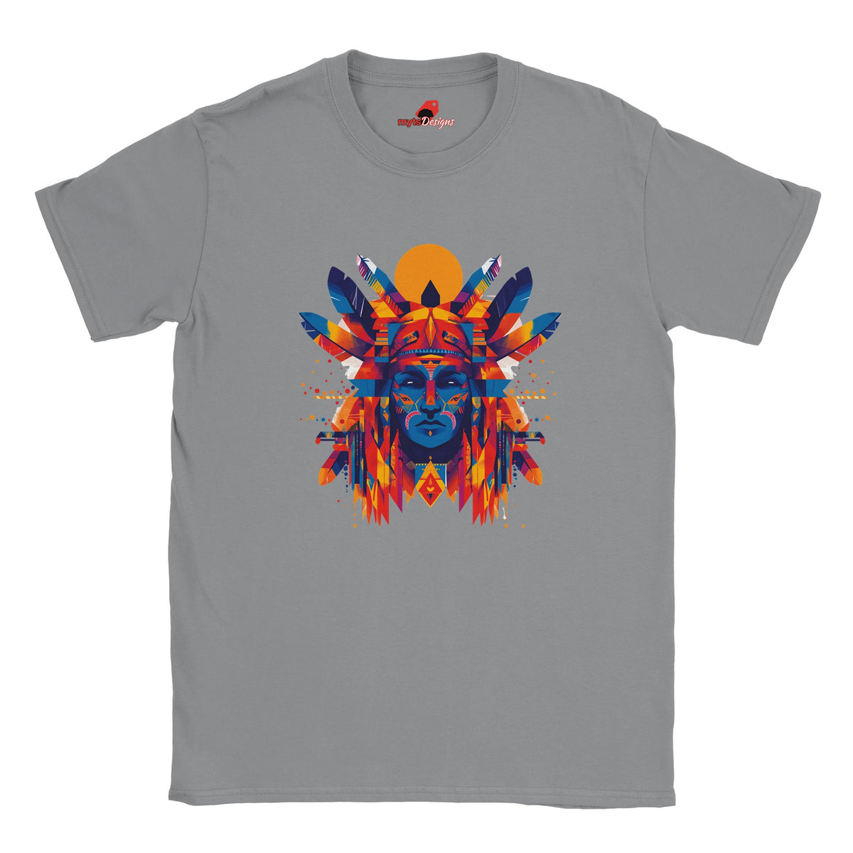 Front view of T-shirt with American Indian-style geometric vector design on sorts grey cotton fabric – soft unisex fit