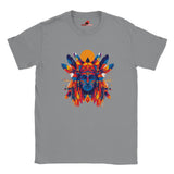 Front view of T-shirt with American Indian-style geometric vector design on sorts grey cotton fabric – soft unisex fit