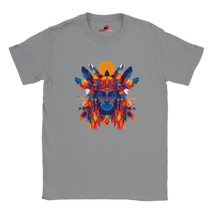 Front view of T-shirt with American Indian-style geometric vector design on sorts grey cotton fabric – soft unisex fit