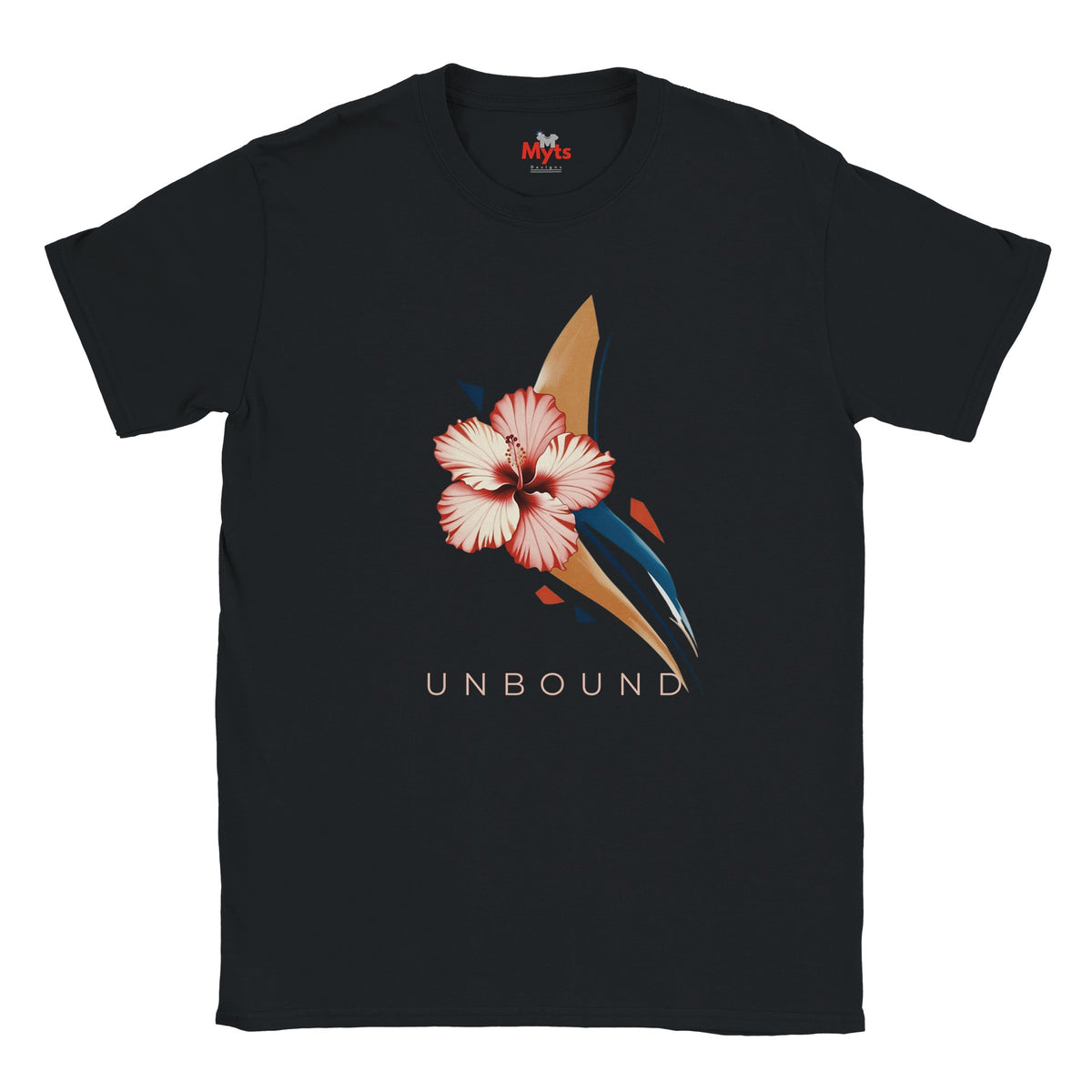 Black UNBOUND hibiscus graphic T-shirt with pink flower and abstract navy and gold design photographed on a grey studio background.