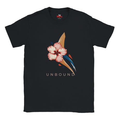 Black UNBOUND hibiscus graphic T-shirt with pink flower and abstract navy and gold design photographed on a grey studio background.