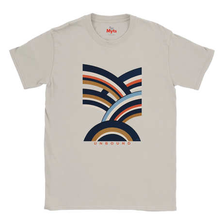 An ice-grey crewneck t-shirt featuring a retro-style graphic of overlapping curved stripes in navy, tan, orange, and light blue, with the word 'UNBOUND' printed below. The brand name 'Myts' is visible on the inner neck label.