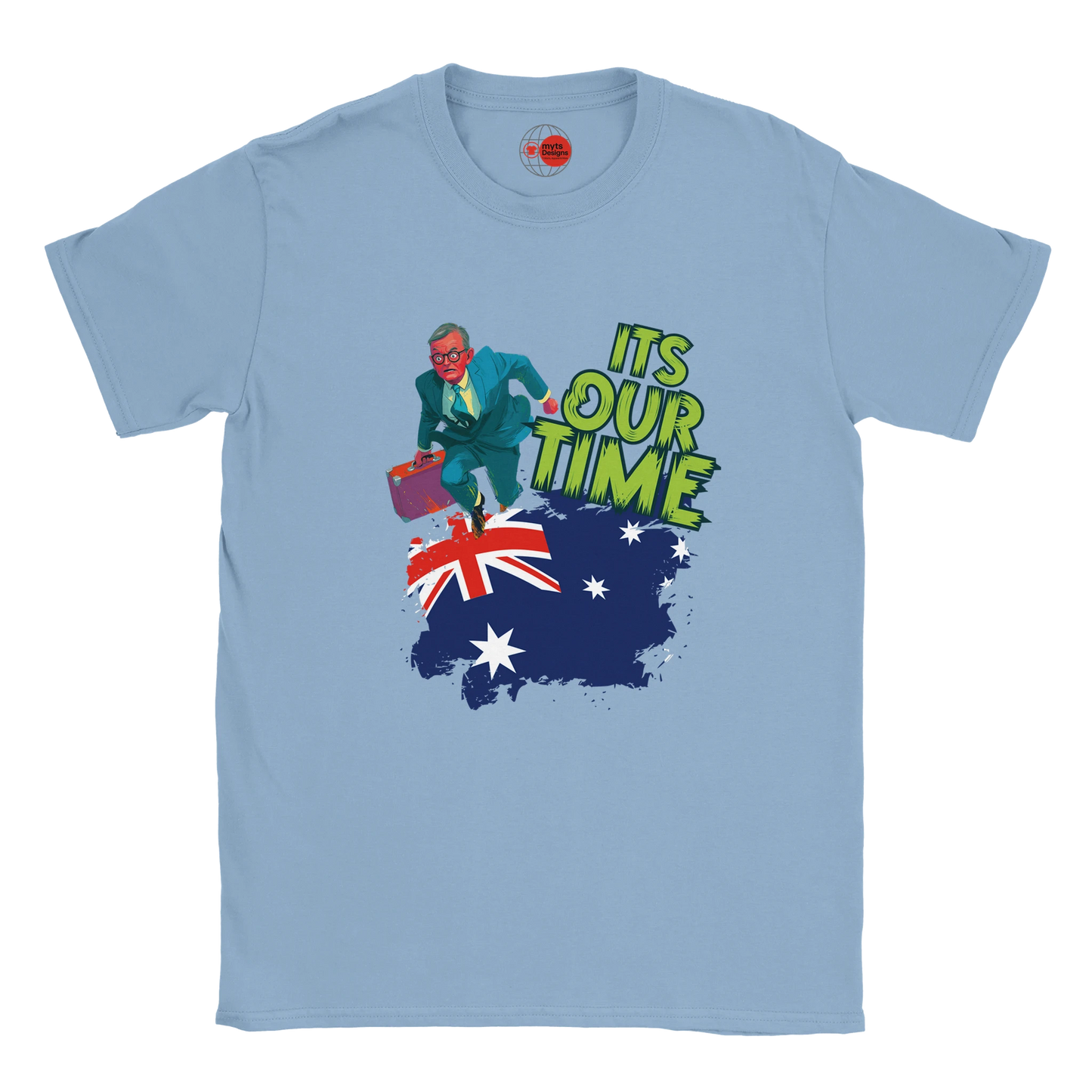 Light blue t-shirt with a graphic of a person on an Australian flag and 'It's Our Time' text.