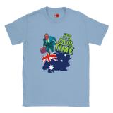Light blue t-shirt with a graphic of a person on an Australian flag and 'It's Our Time' text.