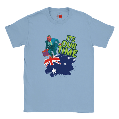 Light blue t-shirt with a graphic of a person on an Australian flag and 'It's Our Time' text.