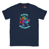 A navy t-shirt with a colorful graphic print of a fish wearing sunglasses and the text 'COOL SCHOOL'.
