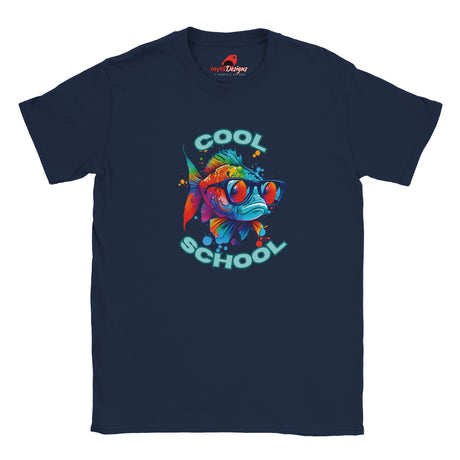 A navy t-shirt with a colorful graphic print of a fish wearing sunglasses and the text 'COOL SCHOOL'.