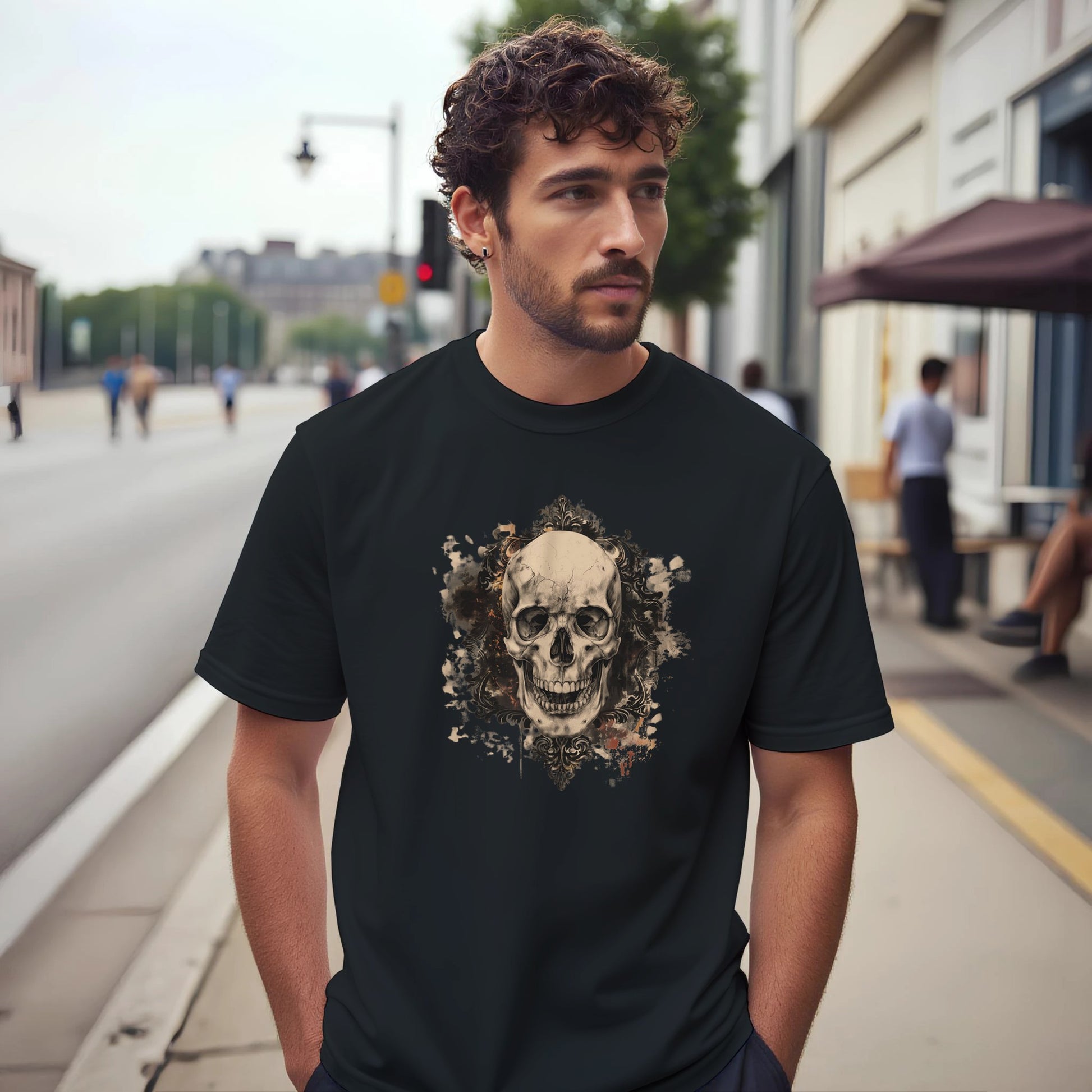 Man wearing a black t-shirt with a skull design on a city street.