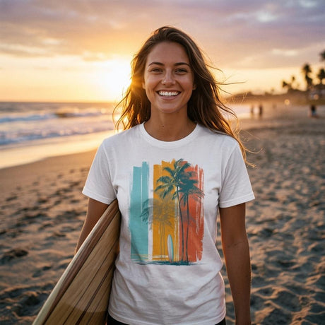 Woman on a beach holding a surfboard wearing a t-shirt with palm tree design.